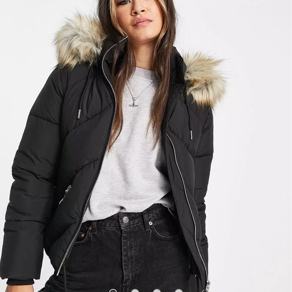 Jackets & Coats Black Puffer Jacket W Faux Fur Trim